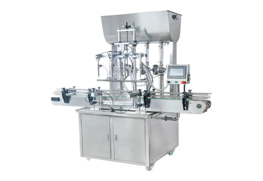 Volumetric paste filling machine with hopper, dosing heads and conveyor